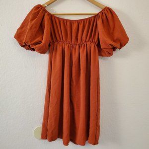 Burnt orange rust baby doll mini puffed short sleeve dress